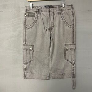 GUESS Men Gray Cargo Capri Shorts Size 32 Utility Zip Pockets Distressed